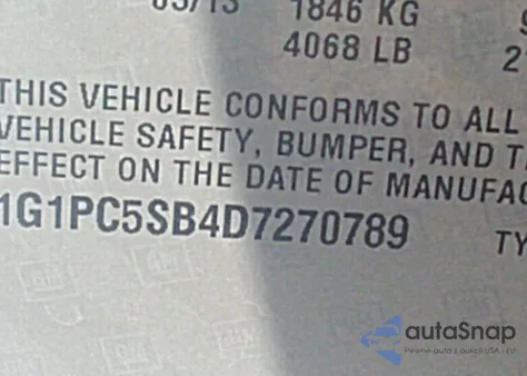 2013 Chevrolet Cruze 1Lt Auto z USA, uszkodzony, nr VIN 1G1PC5SB4D7270789